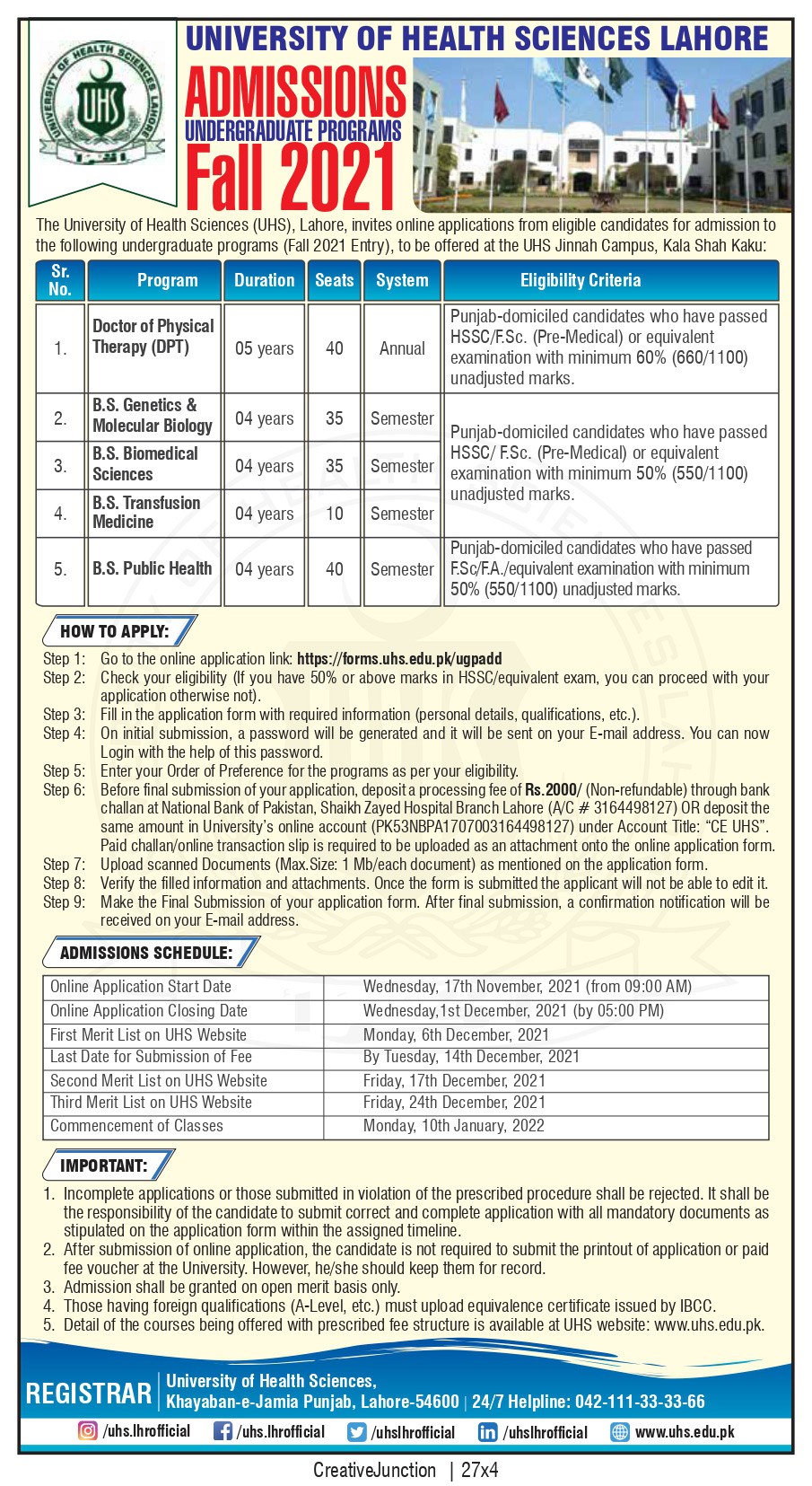 University of Health Sciences Announces Admissions in DPT and BS Programs